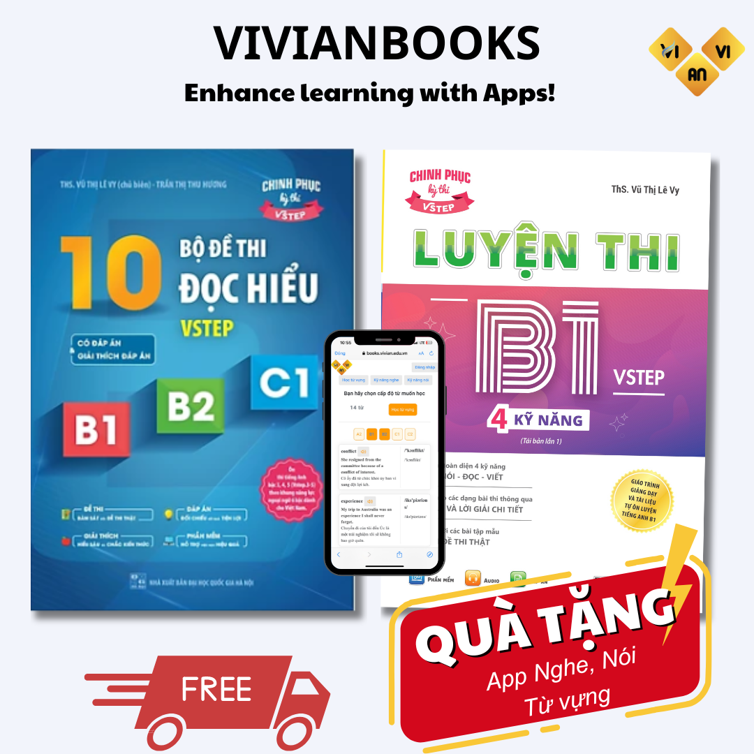 Combo sách luyện thi Vstep B1 và sách 10 bộ đề thi đọc hiểu
